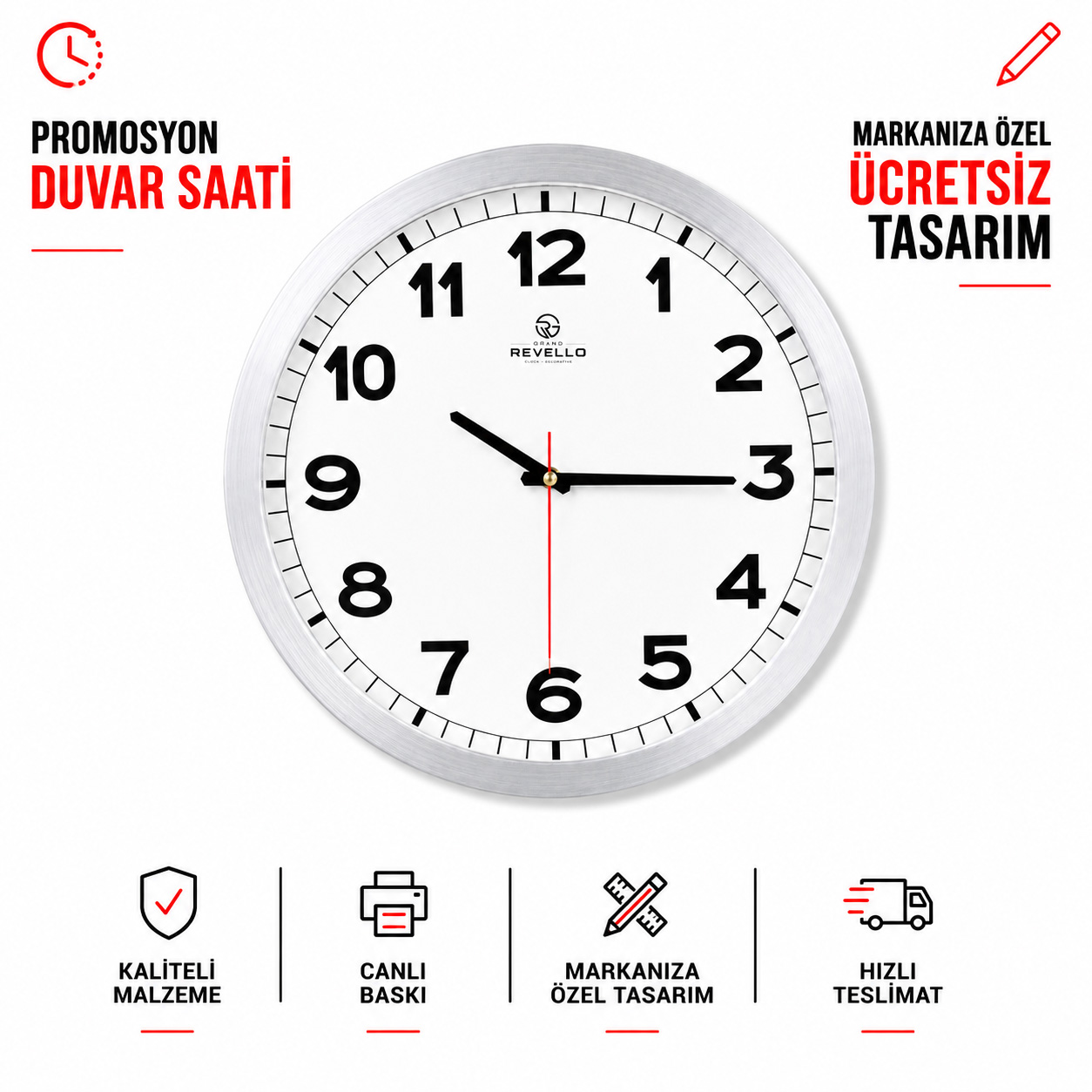 Toptan Revello M045 Model Metal Çerçeveli Saat 36 cm
