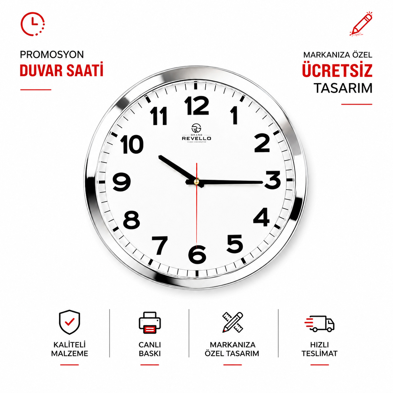 Toptan Revello K045 Model Krom Metal Çerçeveli Saat 36 cm