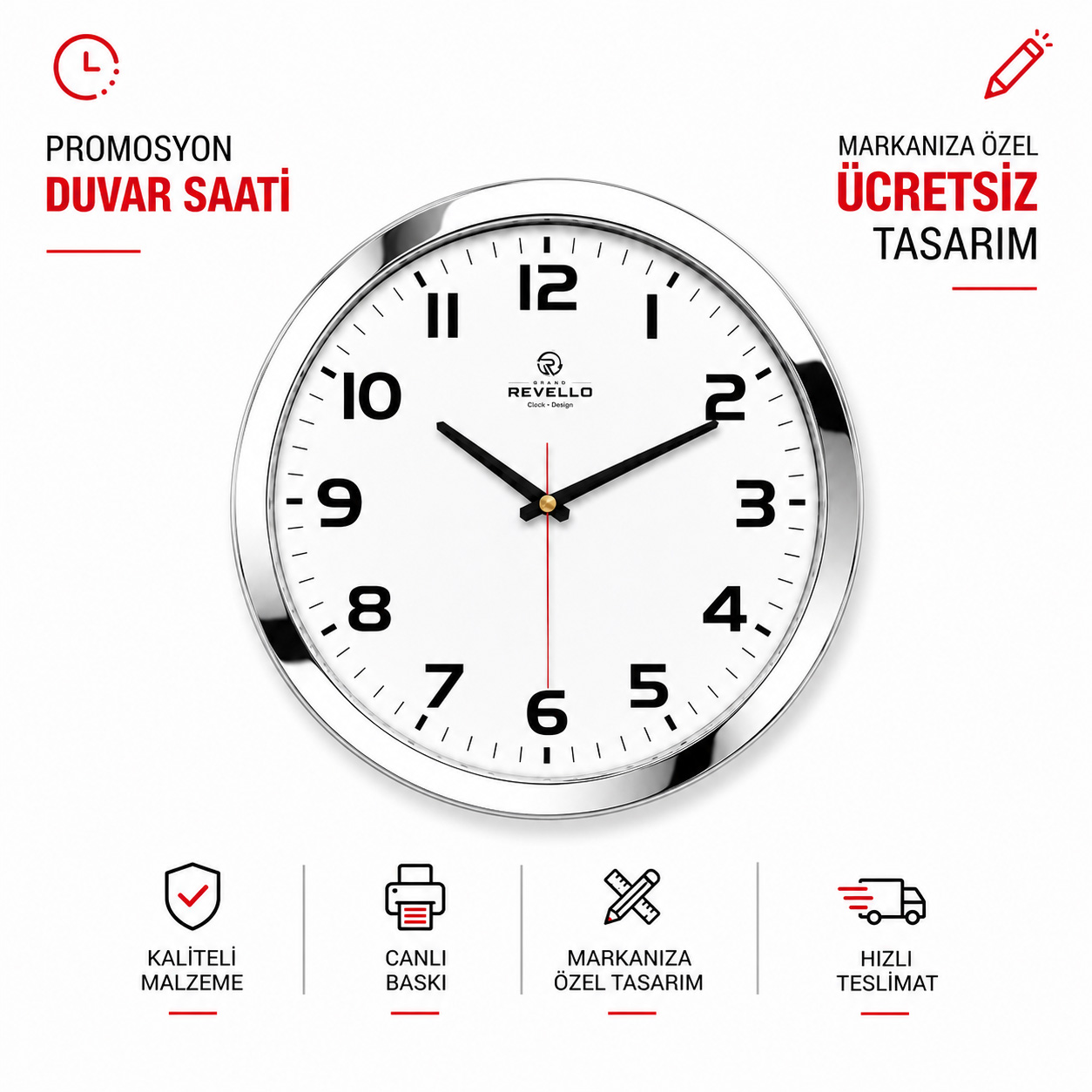 Toptan Revello K070 Model Krom Metal Çerçeveli Saat 30 cm